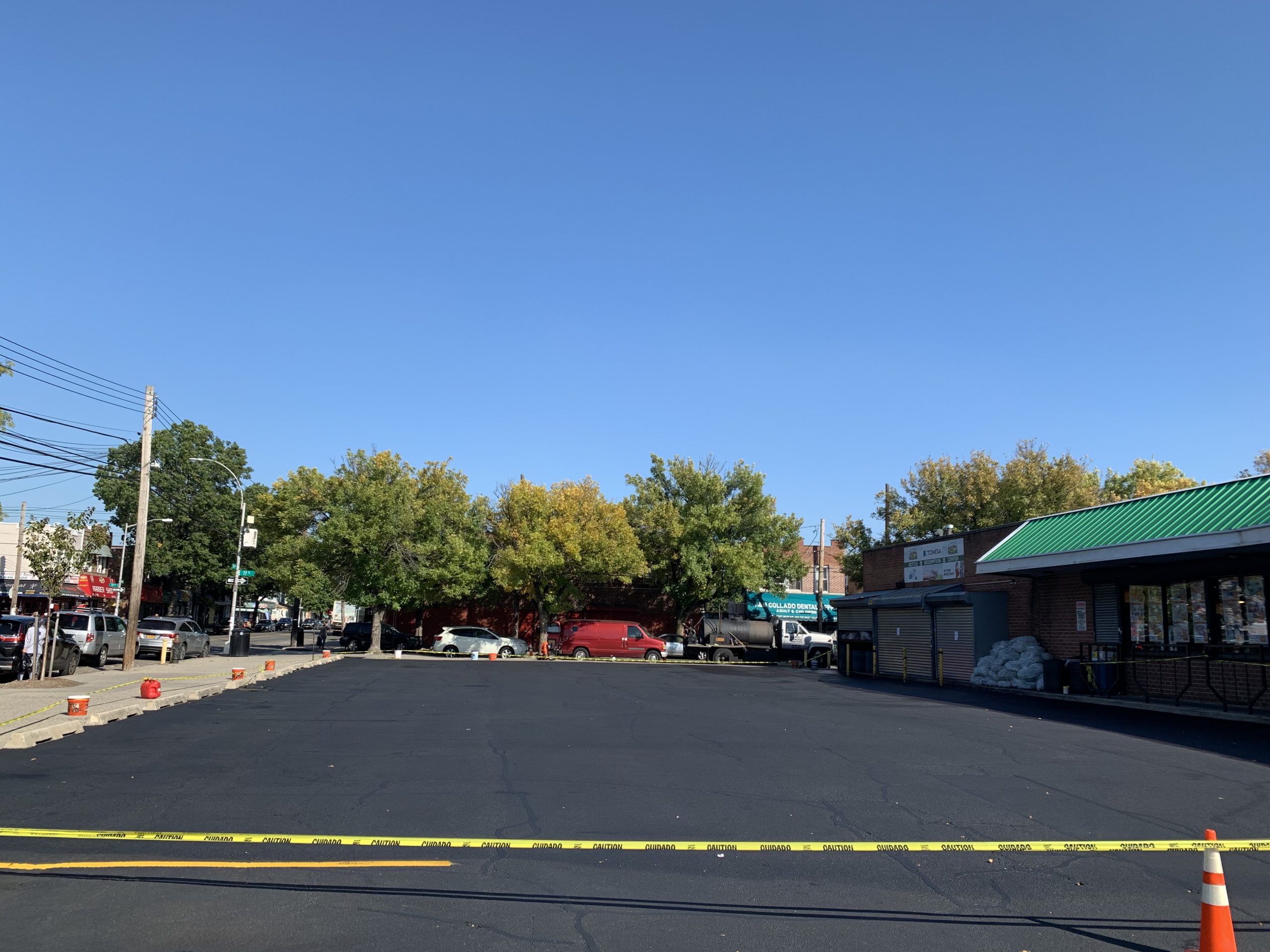 A freshly sealed parking lot